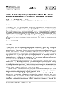 Revision of Australian Jumping Spider Genus Servaea Simon 1887 (Aranaea: Salticidae) Including Use of DNA Sequence Data and Predicted Distributions