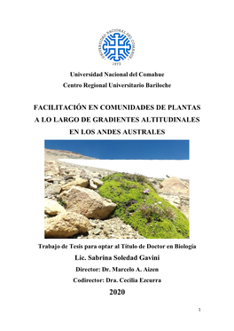 Facilitación En Comunidades De Plantas a Lo Largo De Gradientes Altitudinales En Los Andes Australes