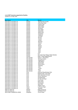 List of NEFT Branches Supported by Paisapay Updated As of 8 May 2008