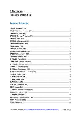 C Surnames Pioneers of Bendigo Table of Contents