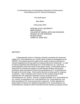 A Multivariate Study of Morphological Characters for Echinocactus Horizonthalonius and E. Texensis (Cactaceae). First Draft Repo