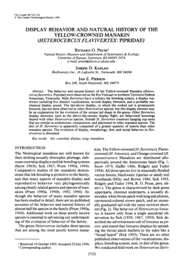 Display Behavior and Natural History of the Yellow-Crowned Manakin (Heterocercus Fla Vivert’X Pipridae)’