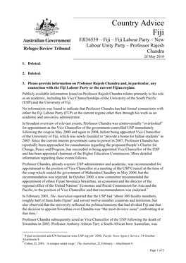 Country Advice Fiji FJI36559 – Fiji – Fiji Labour Party – New Labour Unity Party – Professor Rajesh Chandra 28 May 2010 1