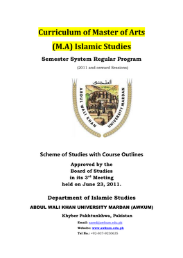 Curriculum of Master of Arts (M.A) Islamic Studies