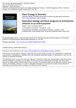 Pollination Biology and Floral Longevity of Aristolochia Chilensis in an Arid Ecosystem Gisela C