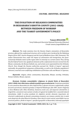 The Evolution of Religious Communities in Bessarabia's Khotyn County (1812-1868): Between Freedom of Worship and the Tsarist Government's Policy