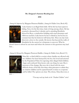 Ms. Duignan's Summer Reading List 2018 Among the Imposters by Margaret Peterson Haddix