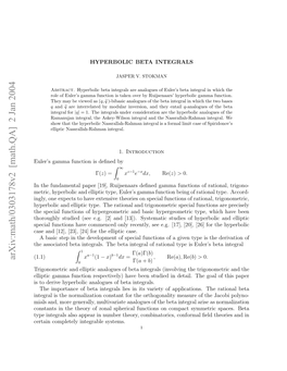 [Math.QA] 2 Jan 2004 Ue’ Am Ucini Endby Deﬁned Is Function Gamma Euler’S H Soitdbt Nerl.Tebt Nerlo Ainltype Rational of (1.1) Integral Beta the Integrals