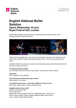 English National Ballet Solstice Southbank Centre’S Royal Festival Hall, London Wednesday 16 June - Saturday 26 June 2021
