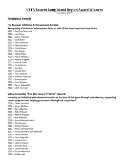 USTA Eastern Long Island Region Award Winners (Created in 1990)