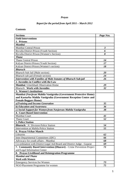 Prayas Report for the Period from April 2011 – March 2012 Contents Sections Page Nos. Field Interventions 1. Prisons Mumbai M