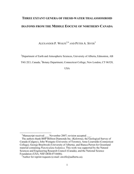 Three Extant Genera of Fresh-Water Thalassiosiroid Diatoms from the Middle Eocene of Northern Canada