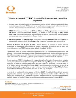 Televisa Presentará “TUDN”, La Evolución De Su Marca De Contenidos Deportivos