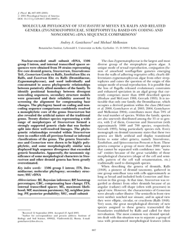 MOLECULAR PHYLOGENY of STAURASTRUM MEYEN EX RALFS and RELATED GENERA (ZYGNEMATOPHYCEAE, STREPTOPHYTA) BASED on CODING and NONCODING Rdna SEQUENCE COMPARISONS1