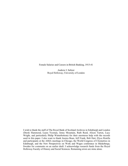 Female Salaries and Careers in British Banking, 1915-41 Andrew J