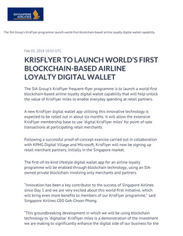 Krisflyer to Launch World's First Blockchain-Based Airline Loyalty