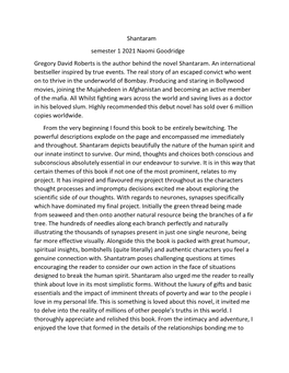 Shantaram Semester 1 2021 Naomi Goodridge Gregory David Roberts Is the Author Behind the Novel Shantaram