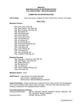 MINUTES MONTANA HOUSE of REPRESENTATIVES 67Th LEGISLATURE - REGULAR SESSION