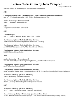 Lecture Talks Given by John Campbell Last Updated 18/06/21 Note That All Talks on Fire-Walking Are Also Available As a Separate List