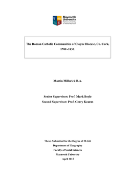 The Roman Catholic Communities of Cloyne Diocese, Co. Cork, 1700 -1830