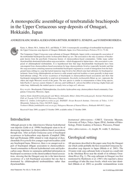 A Monospecific Assemblage of Terebratulide Brachiopods in the Upper Cretaceous Seep Deposits of Omagari, Hokkaido, Japan