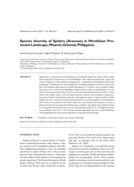 Species Diversity of Spiders (Araneae) in Mimbilisan Pro- Tected Landscape, Misamis Oriental, Philippines