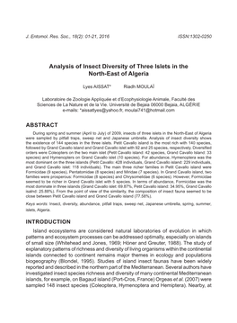 Analysis of Insect Diversity of Three Islets in the North-East of Algeria