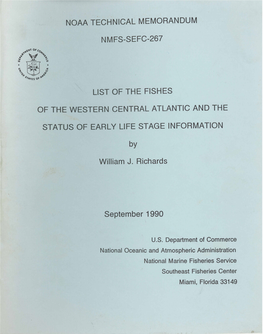 Noaa Technical Memorandum Nmfs-Sefc-267 List of The