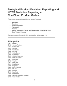 Biological Product Deviation Reporting and HCT/P Deviation Reporting – Non-Blood Product Codes