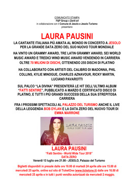 Laura Pausini La Cantante Italiana Più Amata Al Mondo in Concerto a Jesolo Per La Grande Data Zero Del Suo Nuovo Tour Mondiale