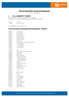 Swimming WA Award Recipients As at 31 May 2019