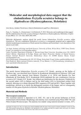 Molecular and Morphological Data Suggest That the Cladoniicolous Pezizella Ucrainica Belongs to Hyphodiscus (Hyaloscyphaceae, Helotiales)