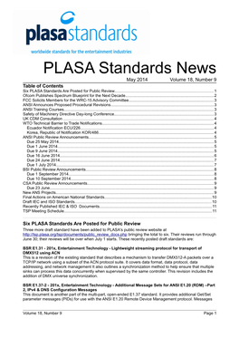 Standards News May 2014 Volume 18, Number 9 Table of Contents Six PLASA Standards Are Posted for Public Review