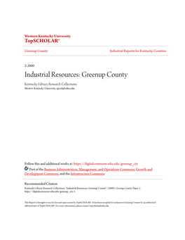 Industrial Resources: Greenup County Kentucky Library Research Collections Western Kentucky University, Spcol@Wku.Edu