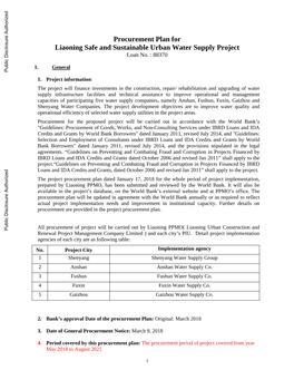 Procurement Plan for Liaoning Safe and Sustainable Urban Water Supply Project Loan No