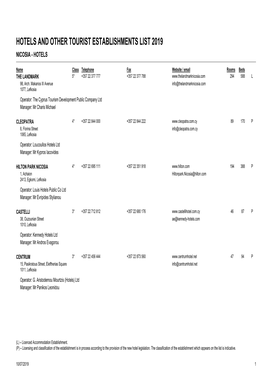 Hotels and Other Tourist Establishments List 2019 Nicosia - Hotels