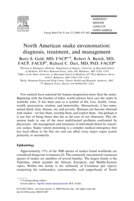 North American Snake Envenomation: Diagnosis, Treatment, and Management Barry S