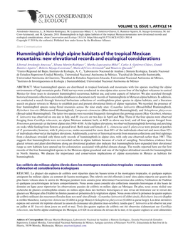 Hummingbirds in High Alpine Habitats of the Tropical Mexican Mountains: New Elevational Records and Ecological Considerations