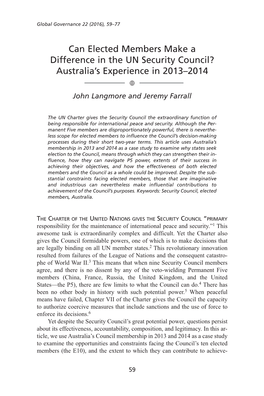 Can Elected Members Make a Difference in the UN Security Council? Australia’S Experience in 2013 –2014 � John Langmore and Jeremy Farrall