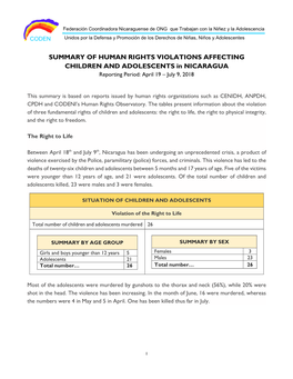 SUMMARY of HUMAN RIGHTS VIOLATIONS AFFECTING CHILDREN and ADOLESCENTS in NICARAGUA Reporting Period: April 19 – July 9, 2018