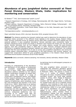 Abundance of Grey Junglefowl Gallus Sonneratii at Theni Forest Division, Western Ghats, India: Implications for Monitoring and Conservation