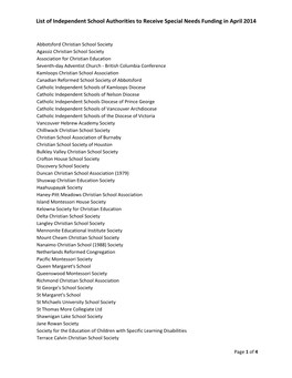 List of Independent School Authorities to Receive Special Needs Funding in April 2014