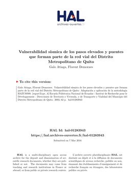 Vulnerabilidad Sísmica De Los Pasos Elevados Y Puentes Que Forman Parte De La Red Vial Del Distrito Metropolitano De Quito Galo Atiaga, Florent Demoraes