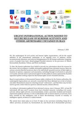 Urgent International Action Needed to Secure Release of Kurdish Acitvists and Others Artbitrarily Detained in Iran