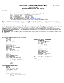 VRR Historic Sports Racer Category (HSR) (Updated 2/6/12) Formerly Group 7 Supplemental Regulations and Class List