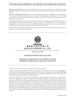 濰柴動力股份有限公司 WEICHAI POWER CO., LTD. (A Joint Stock Limited Company Incorporated in the People’S Republic of China with Limited Liability) (Stock Code: 2338)