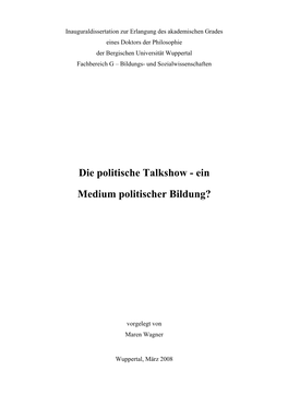 Die Politische Talkshow - Ein Medium Politischer Bildung?