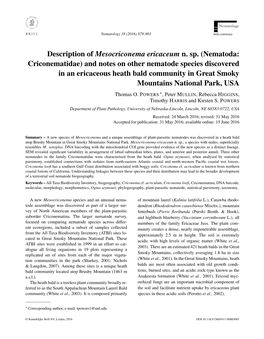 Nematoda: Criconematidae) and Notes on Other Nematode Species Discovered in an Ericaceous Heath Bald Community in Great Smoky Mountains National Park, USA ∗ Thomas O