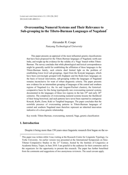 Overcounting Numeral Systems and Their Relevance to Sub-Grouping in the Tibeto-Burman Languages of Nagaland*