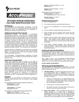 MYCOBACTERIUM GORDONAE CULTURE IDENTIFICATION TEST Are Provided in Three Separate 1